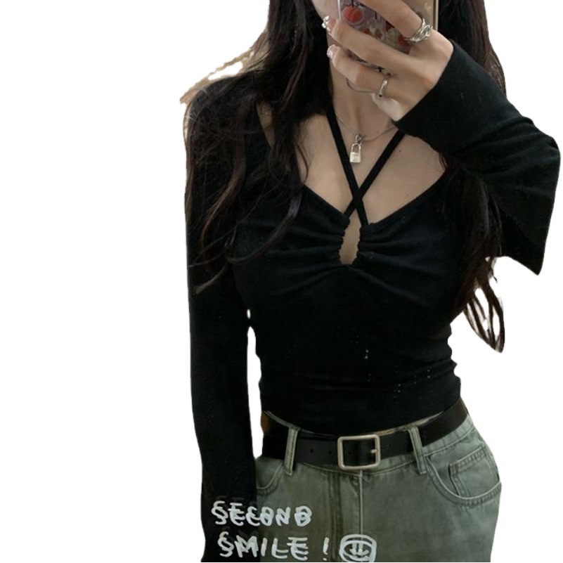 Unique and Gentle Interior Korean Style Pure Desire Spice Girl 2025 Spring and Autumn New V-neck Strap Long Sleeve T-shirt Base Shirt