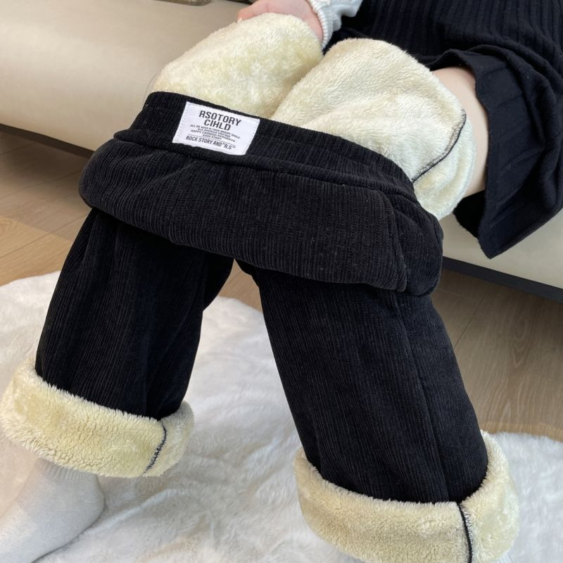 European Cotton Fleece Composite Arctic Fleece Wide-leg Pants Women's Winter fleece-lined Lamb Fleece Thickened Northeast Warm Straight Cotton Pants