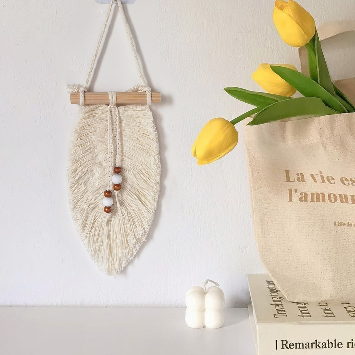 New Ins Handmade Woven Tapestry Leaves Wooden Beads Tassel Tapestry Wall Hanging Bohemian Home Decor