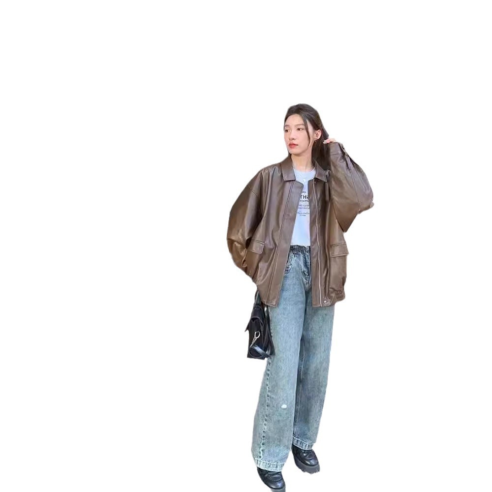 Picture of Brown Imitation Leather Jacket Women's Hong Kong-style 2024 New Autumn High-grade Loose American Vintage Motorcycle Jacket Top