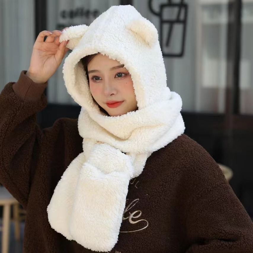 Picture of Winter Warm and Thickeneded Cotton Plush Rabbit Ears Animal Hat Gloves Scarf Bear Three-Piece Hat Factory Ear Protection