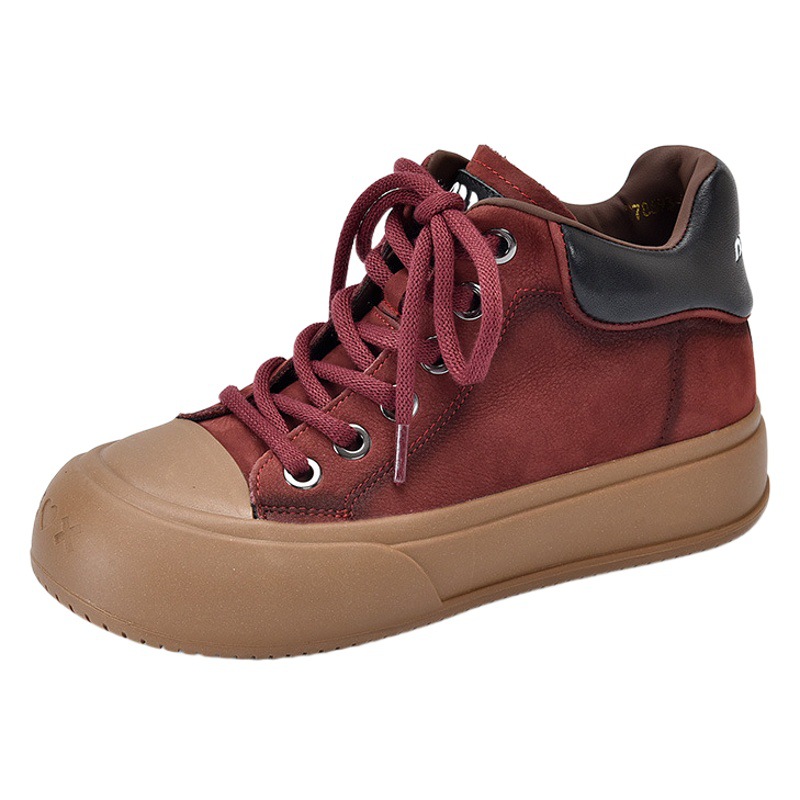 Top-Layer Cowhide Vintage Casual Lace-Up Ankle Boots Autumn Single-Layer Boots Soft-Sole Genuine Leather High-Top Sneakers for Women