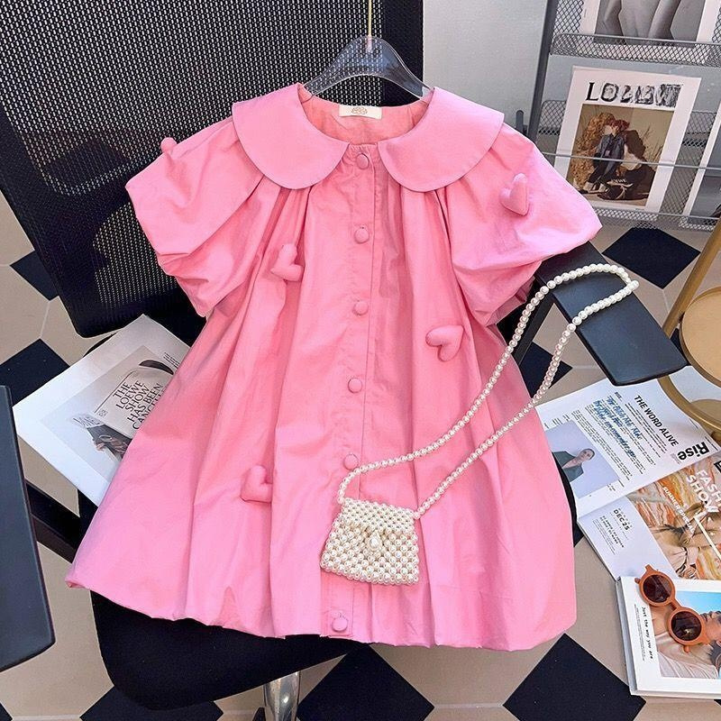 Girls Korean Style Puff Sleeve Dress Summer 2024 New Fashionable Girl Internet Celebrity Doll Collar Princess Dress