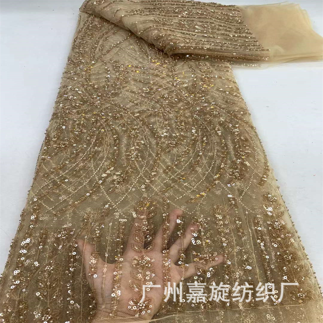 European and American apricot wheat ears three-dimensional beads sequins lace fabric African bride dress dress embroidered lace