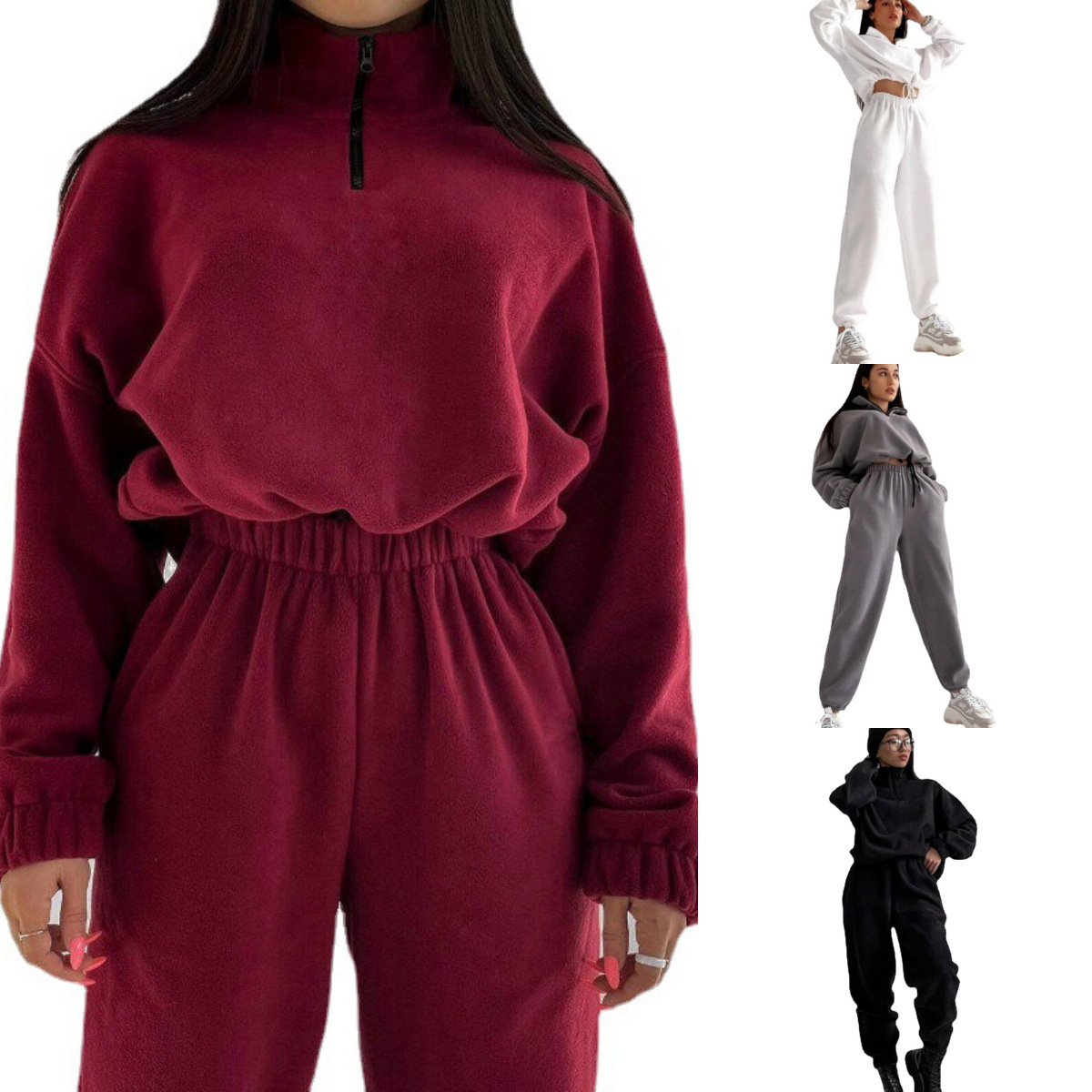 Picture of 2025 Spring and Autumn Hot Selling New Women's Clothing Amazon Fashion Solid Color Loose Zipper Stand Collar Sweatshirt Casual 2-Piece Set