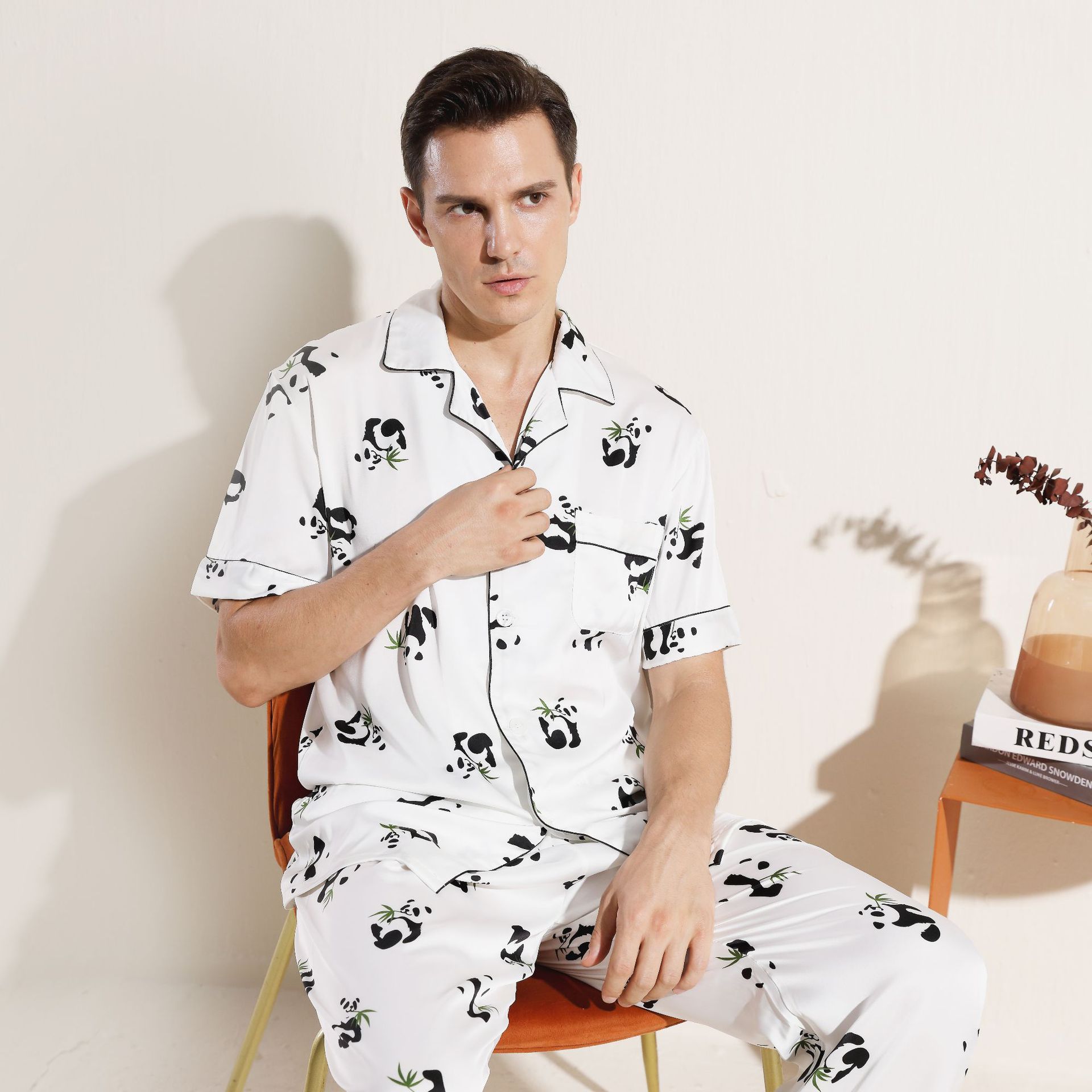 Pajamas men's summer ice silk satin panda summer short-sleeved pajamas TikTok popular plus size men's homewear