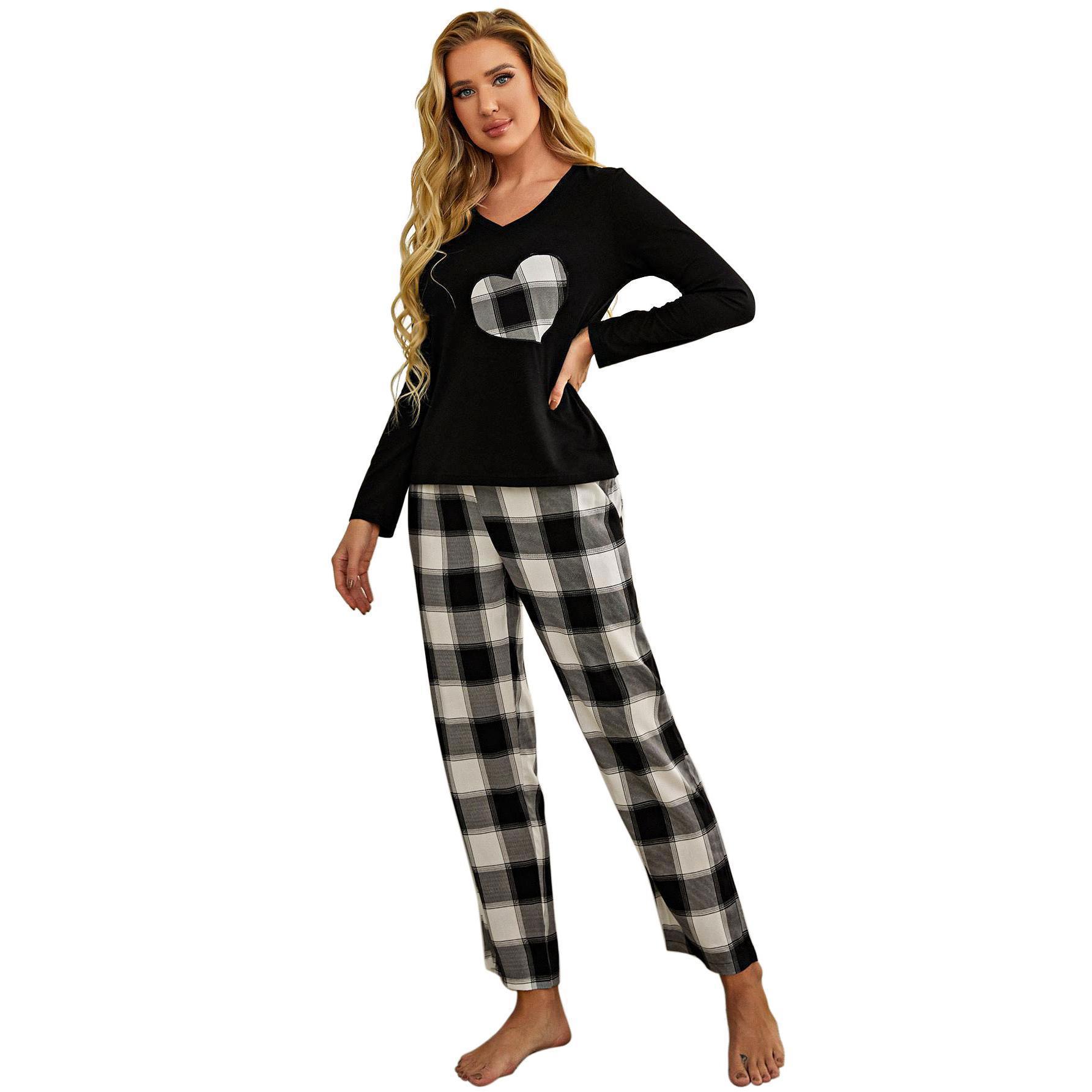 Picture of Amazon European and American Home Clothes suit Autumn and Winter Heart-shaped Long Sleeve Plaid Pajamas Women Can Wear Cross-border Independent Station