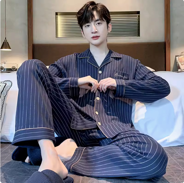 Pajamas Men's Spring and Autumn Cotton Long Sleeve Trousers New Plaid Casual Cardigan plus size Men's Home Clothes suit