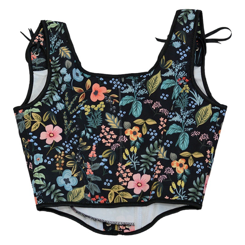 6636 spring and summer new French style retro chest-wrapped court bra front strap U-collar leaves printed vest for women outer wear