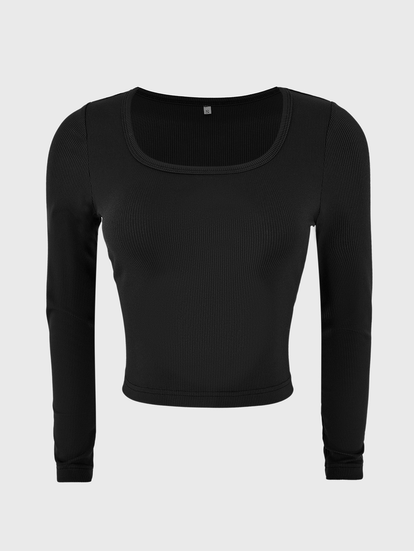 Cross-Border European and American Women's Fashion Solid Color Ribbed Texture Slim-Fit Short Square-Neck Long-Sleeve T-Shirt, a European and American Hot Item