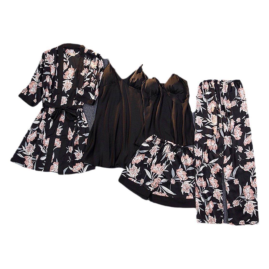 New European and American style sexy black home wear five-piece suit fashionable comfortable lace pajamas suit printed Women's