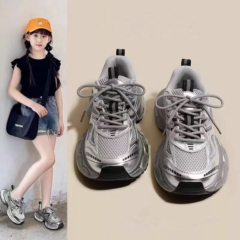Girls' Sports Shoes Silver Children's Dad's Shoes 2025 New Autumn Girls Breathable Casual Shoes Mesh Running Shoes