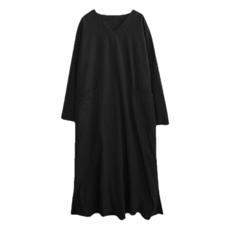 Amazon 2022 real shot new retro cotton and linen V-neck plus size loose long sleeve dress robe