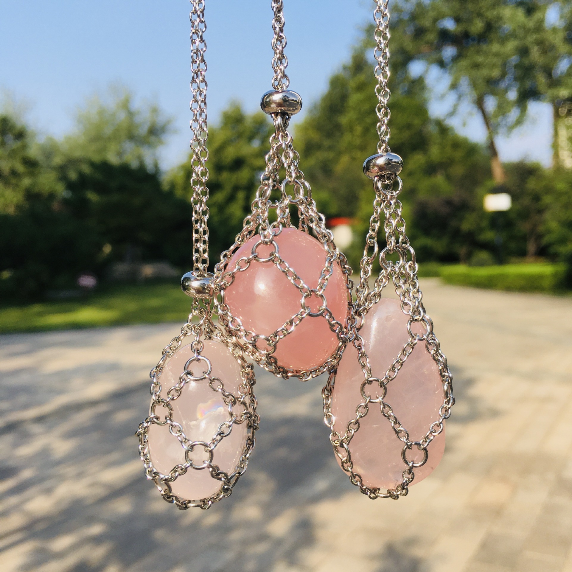 Stainless steel O-chain adjustable metal mesh bag cross-border natural pink crystal stone hand-woven necklace