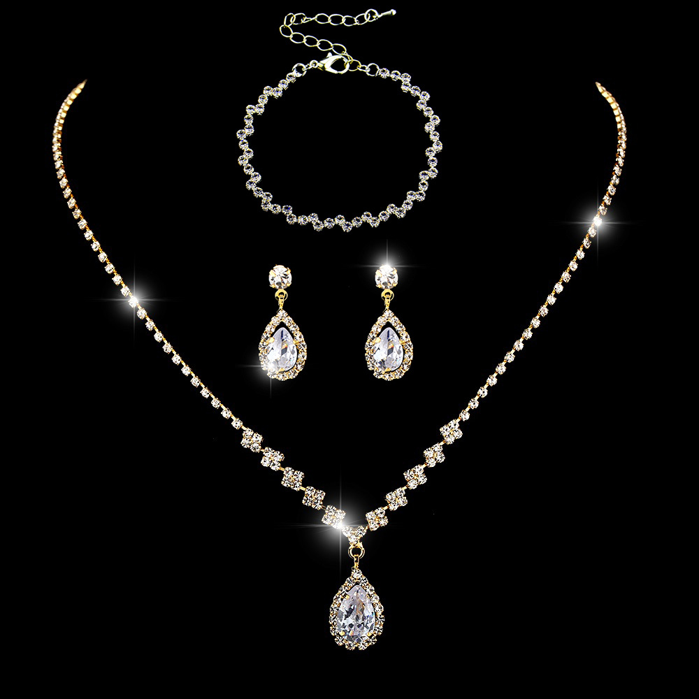 Picture of Brilliant diamond zircon water drop necklace earrings bride wedding jewelry shooting jewelry set wholesale