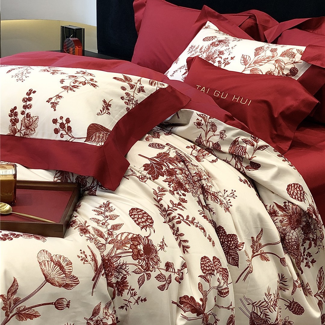 Picture of French flower wedding red cotton long-staple cotton four-piece set high-end dowry housewarming festive bedding home textile