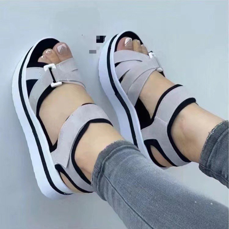 European and American Foreign Trade plus size Thick-soled Color-matching Fish-toe Sandals Women's Sports-style Open-toe Beach Sandals with Wedge Heel