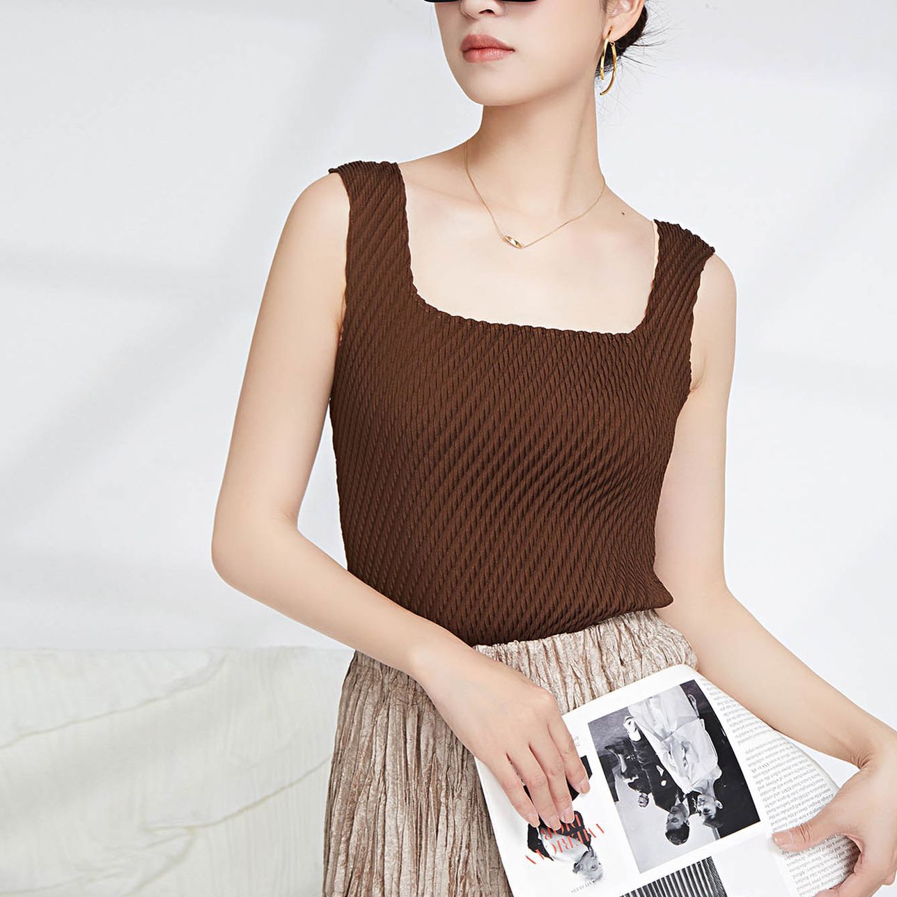 Miyake All-match Camisole Outer Wear Women's Slim-fit Slimming Design Sense Stretch Pleated Sleeveless T-shirt Top Women