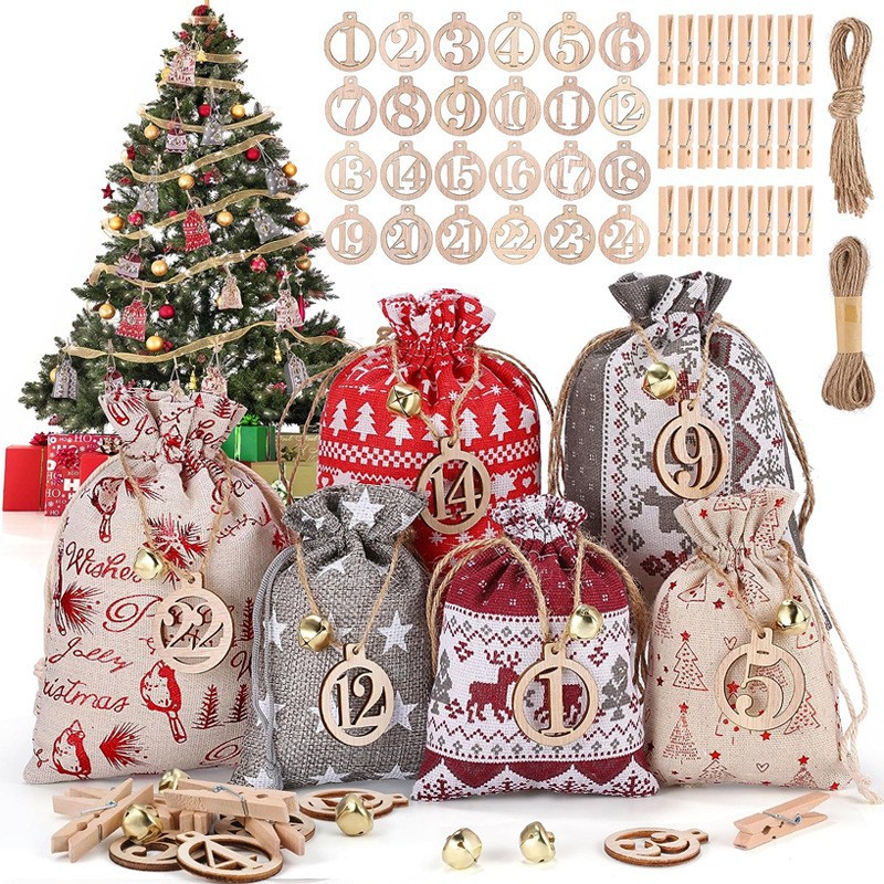 2024 Christmas Gift Bag Set Countdown Calendar Drawstring Bag Christmas Drawstring Pocket Storage Candy Bag Packaging Bag