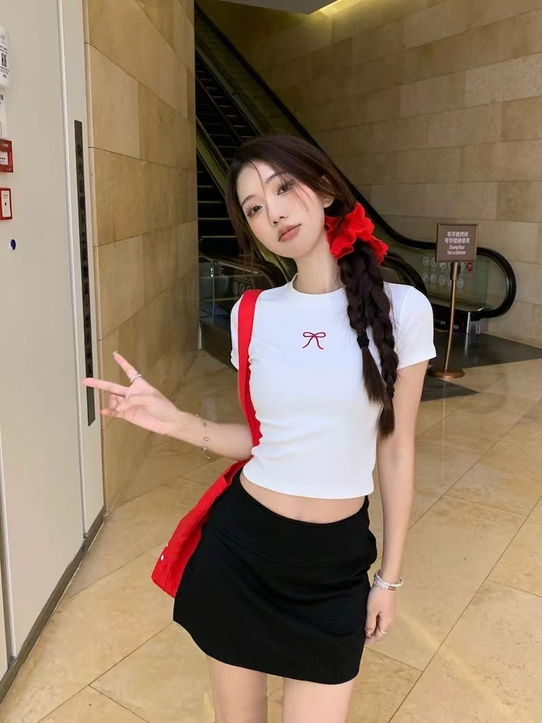 2024 Summer New Fashionable Female Students Short-sleeved T-shirt Women's Summer Bow Shoulder Women's T-shirt Short Short-sleeved Top