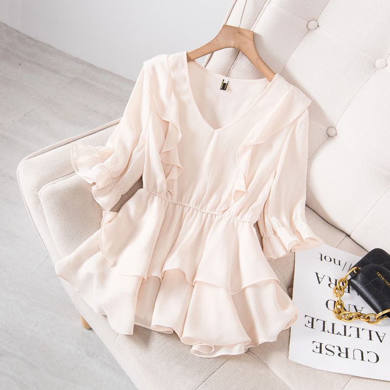 Picture of Fat Girl elegant waist-tight plus size women's top women's summer design belly-covering slimming chic chiffon shirt