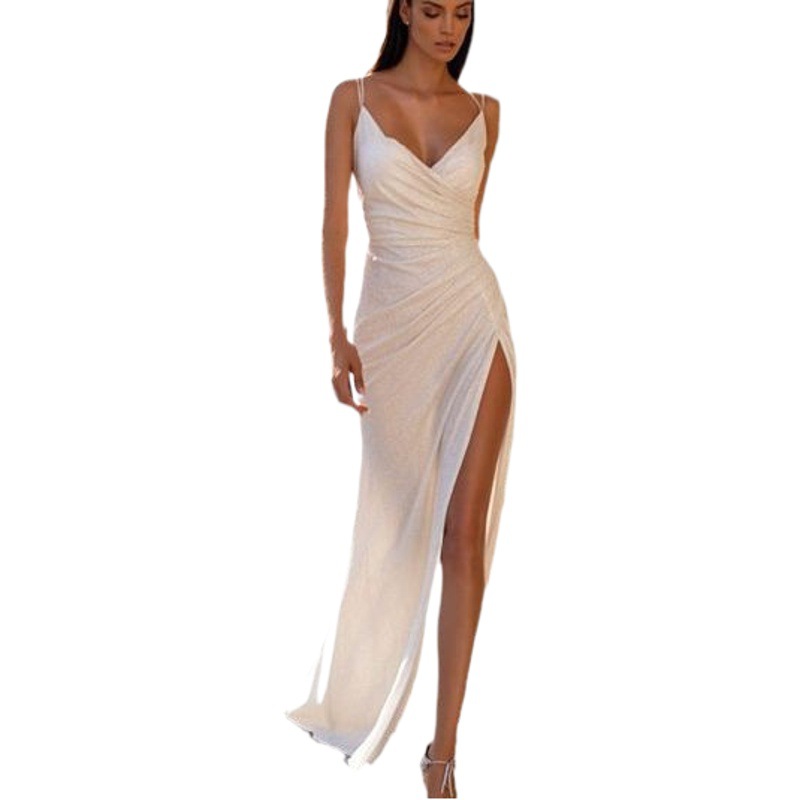 Cross-border foreign trade sexy suspenders backless slit white dress temperament dress seaside holiday beach dress