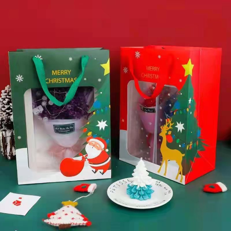 Christmas Gift Bag with Window, Hand-Held Paper Bag, Christmas Eve Apple and Flower Packaging, Handmade DIY Bouquet Window Bag