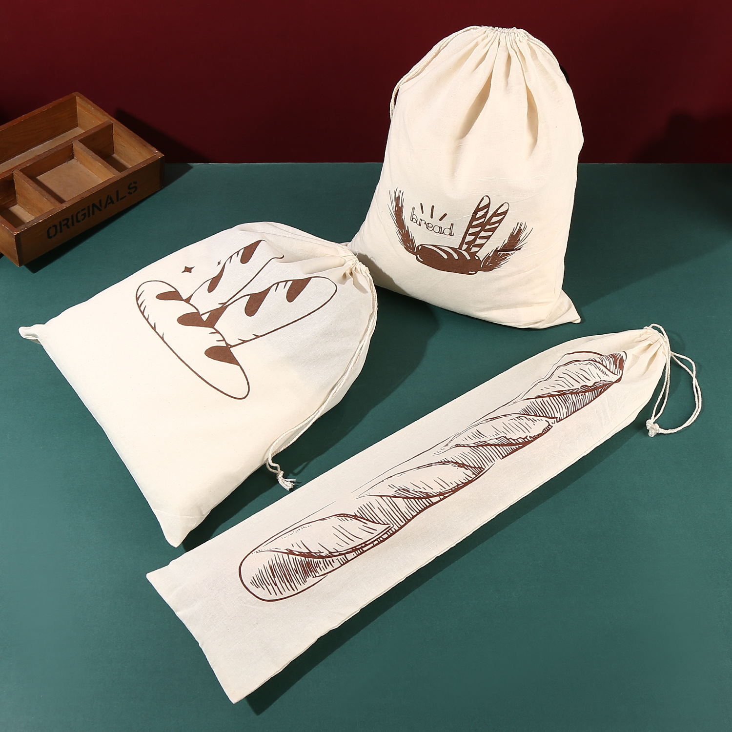 Cross-Border Hot Selling Cotton Toast Bag Reusable Cookie French Baguette Storage Bag Drawstring Bread Bag