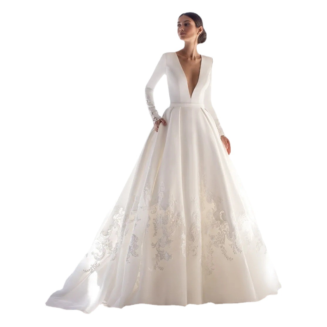 Zhu lock lock Ni with French satin wedding dress new V-neck bridal temperament simple French retro Hepburn style