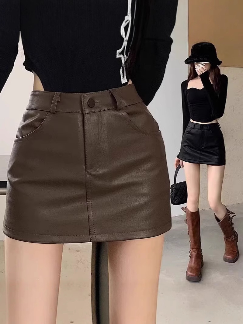 Black PU Skirt Small Women's 145 Short Autumn and Winter High Waist Slimming Leather Hip Skirt A- Line Skirt Leather Skirt XS
