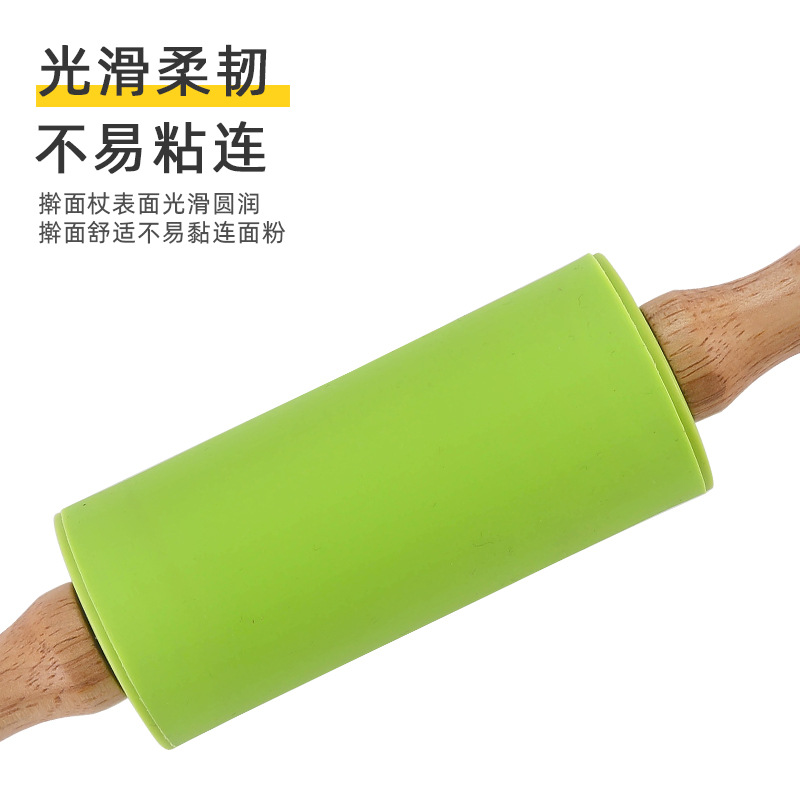Picture of Silicone Rolling Pin Rotary Roller Rolling Pin Kitchen Wooden Handle Rolling Pin Dumpling Wafer Flour Fat Baking Utensils