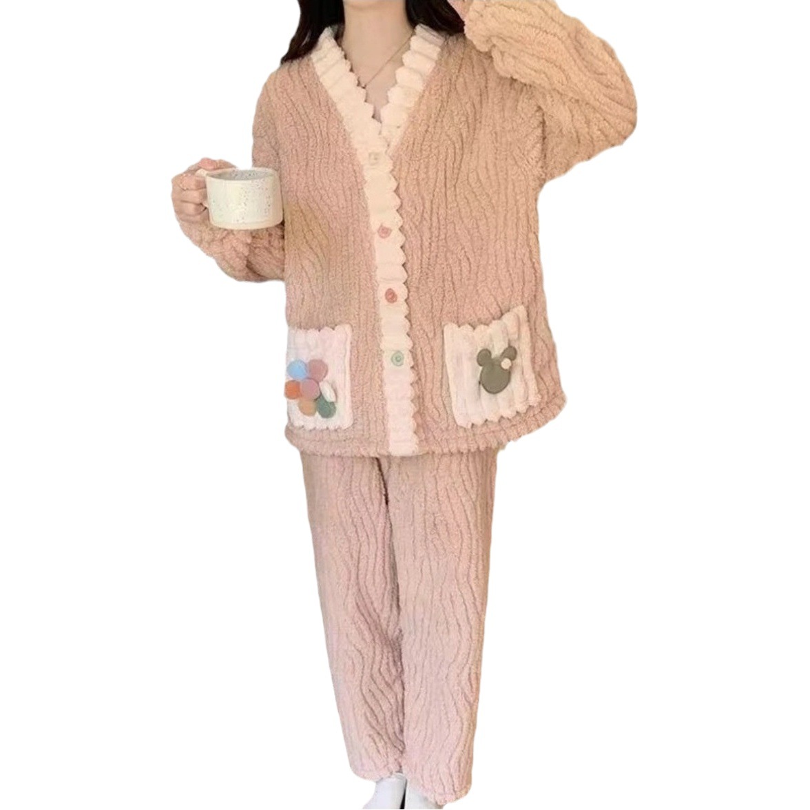 Rainbow Warm Suit 2023 new winter flannel thickened warm sweet cardigan Chanel style home wear for women
