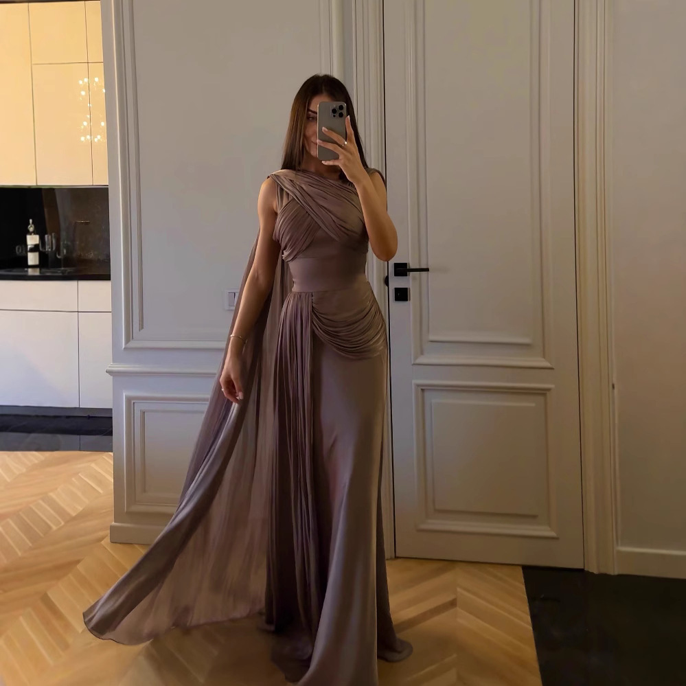 2025 Spring and Summer Cross-Border European and American Middle East Foreign Trade Women's Clothing Independent Station Amazon Pleated Ribbon Satin Evening Dress