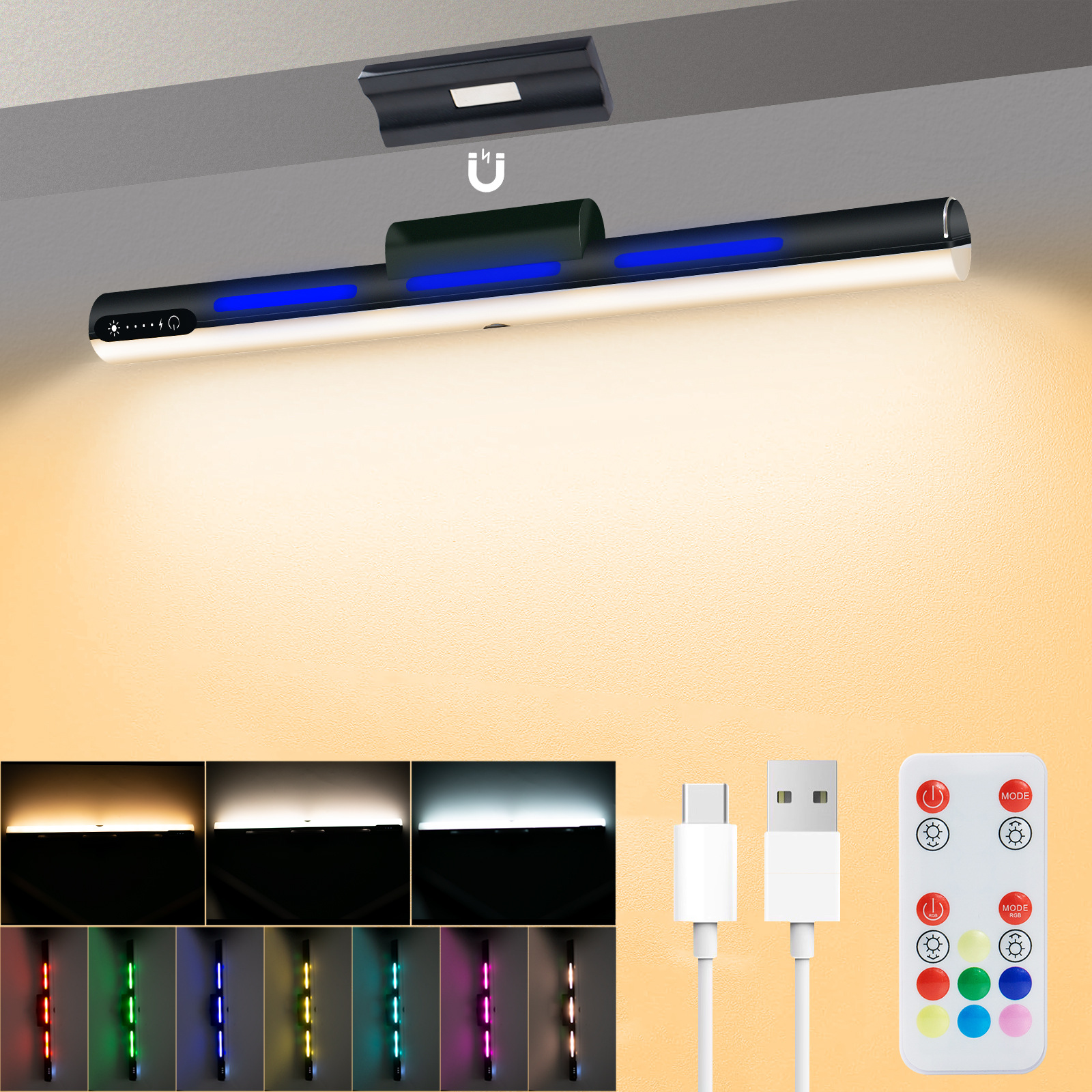 2024 new creative magnetic cool light rechargeable touch cabinet light three-color temperature RGB atmosphere light mirror headlight