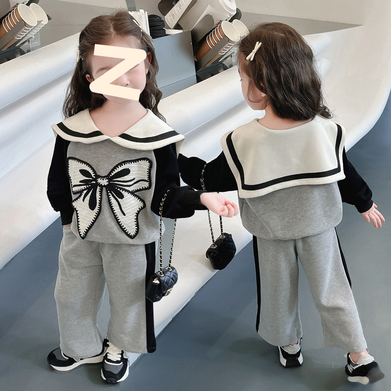 Picture of Girl's Large Children's Navy Collar Sweat Pants Two-piece 2024 New