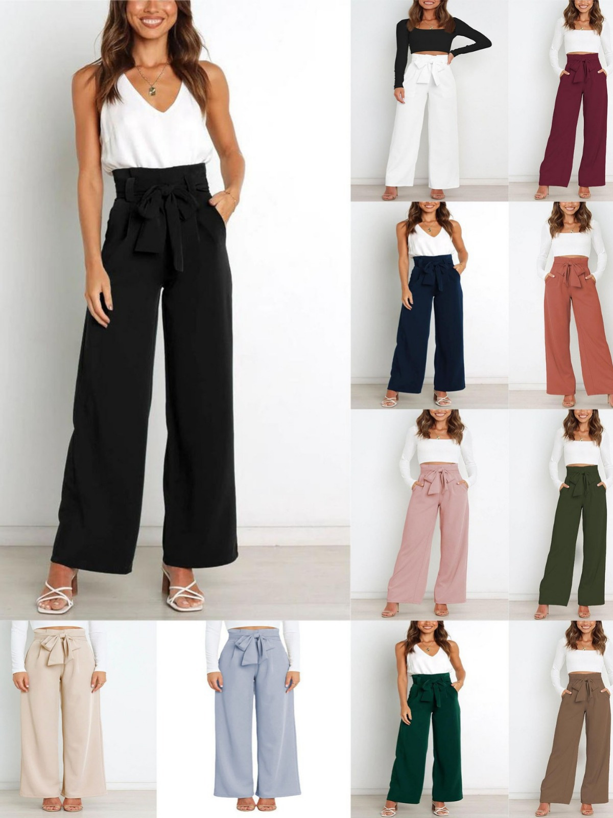 Summer New Casual Pants Workplace Fashion Bow High Waist Amazon European and American Clothing Cross-Border Casual Trousers for Women