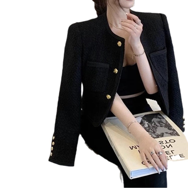 Pure Black Jacket Spring and Autumn Chanel Style Outer Wear Single-breasted 2024 New Black Short Round Neck Suit Top Women's Clothing