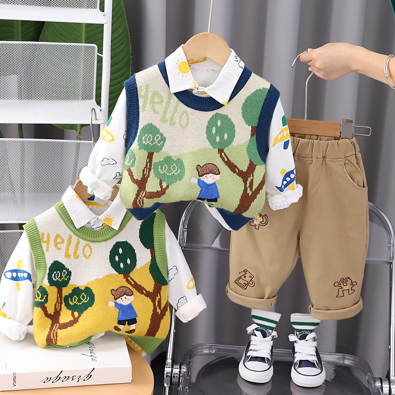 Boys' spring and autumn suit 2023 new baby Autumn Sweater vest long-sleeved shirt casual children's three-piece suit fashion