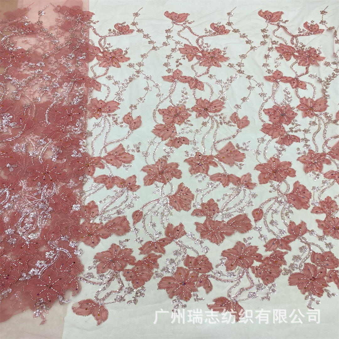 Heavy Industry Three-Dimensional Flower Rice Bead Fabric Bead Tube Sequin Embroidered Wedding Dress Stage Clothing Embroidered Fabric Beads Lace