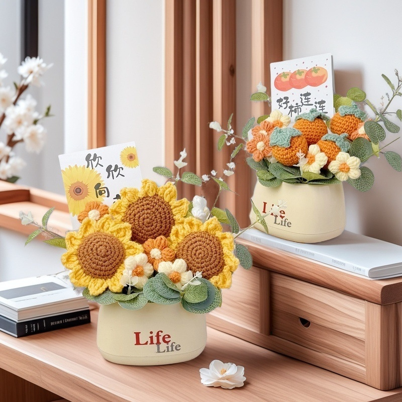 Picture of Creative bouquet knitted flowers diy material hand-woven potted finished desktop ornaments send goddess send mother