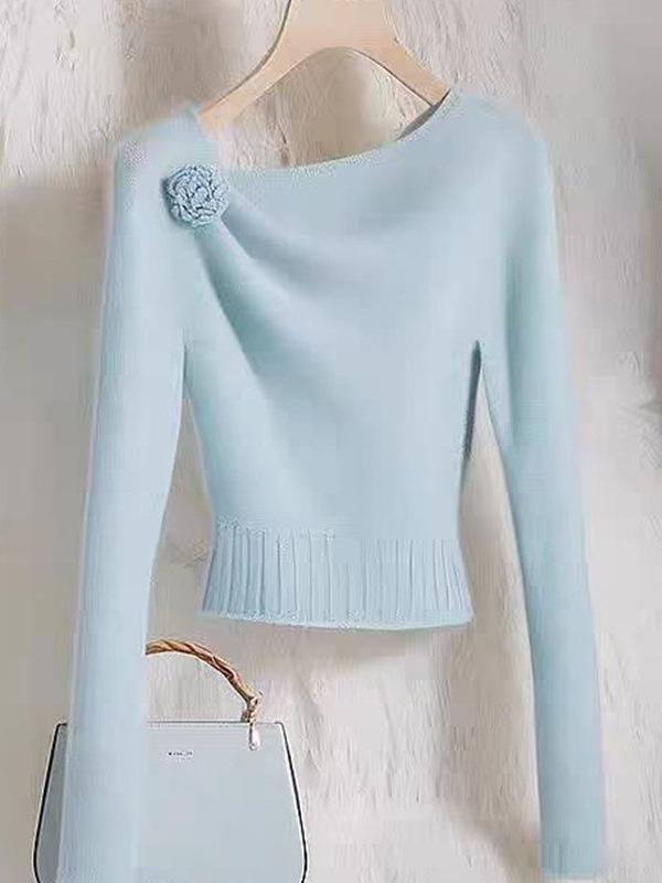 Design Sense Three-dimensional Flower Decorative Wool Knitwear Solid Color Simple Slim Base Shirt Comfortable Chic Top for Women