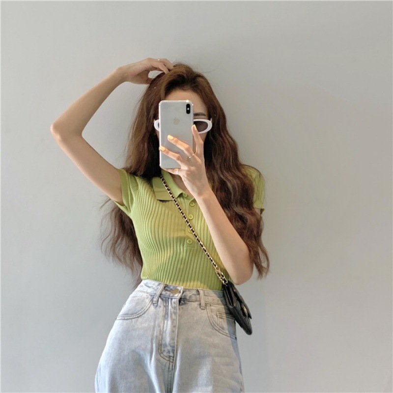 Picture of Summer 2024 Internet Celebrity Slim fit slimming short top Korean style retro small lapel short sleeve knitted T-shirt for women