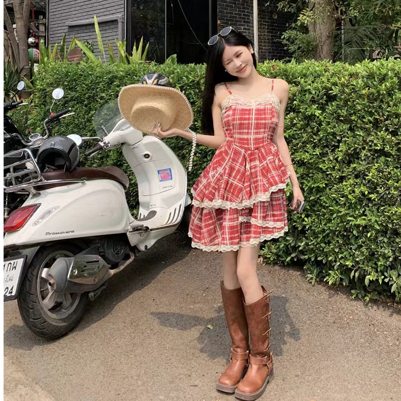 Picture of Vacation Style Amazing Beautiful Dress 2023 Summer New Lace Edge Plaid Slip Skirt High Waist White Cake Skirt