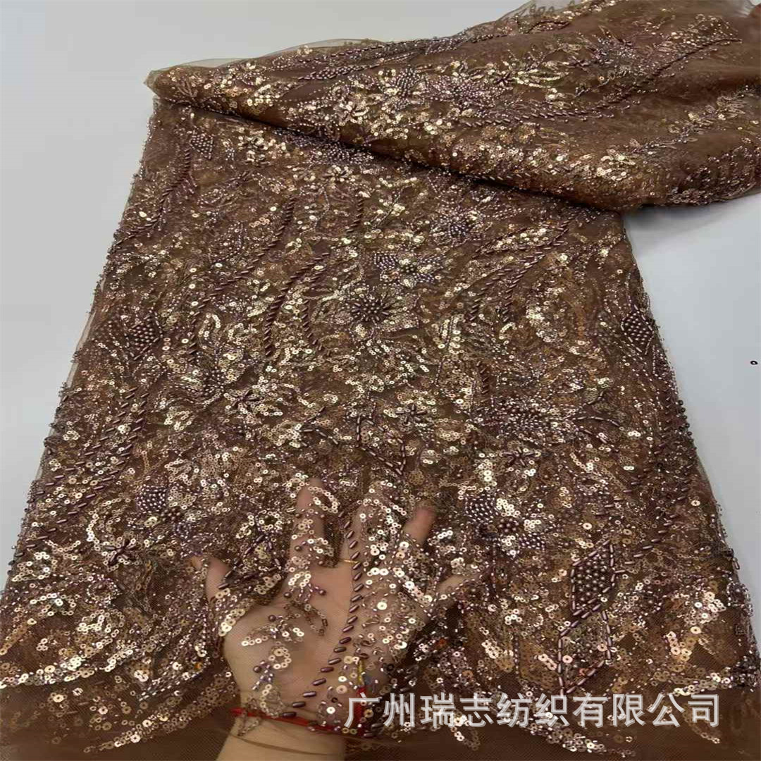 Picture of Purple heavy industry sequined embroidered plant pattern three-dimensional lace dress wedding dress cheongsam fabric lace
