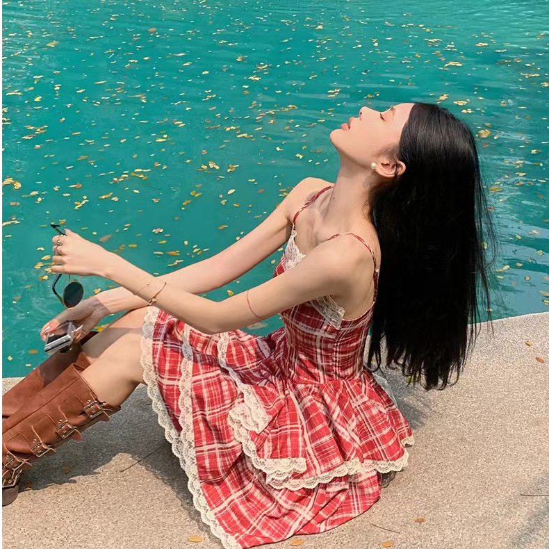 Picture of Vacation Style Amazing Beautiful Dress 2023 Summer New Lace Edge Plaid Slip Skirt High Waist White Cake Skirt
