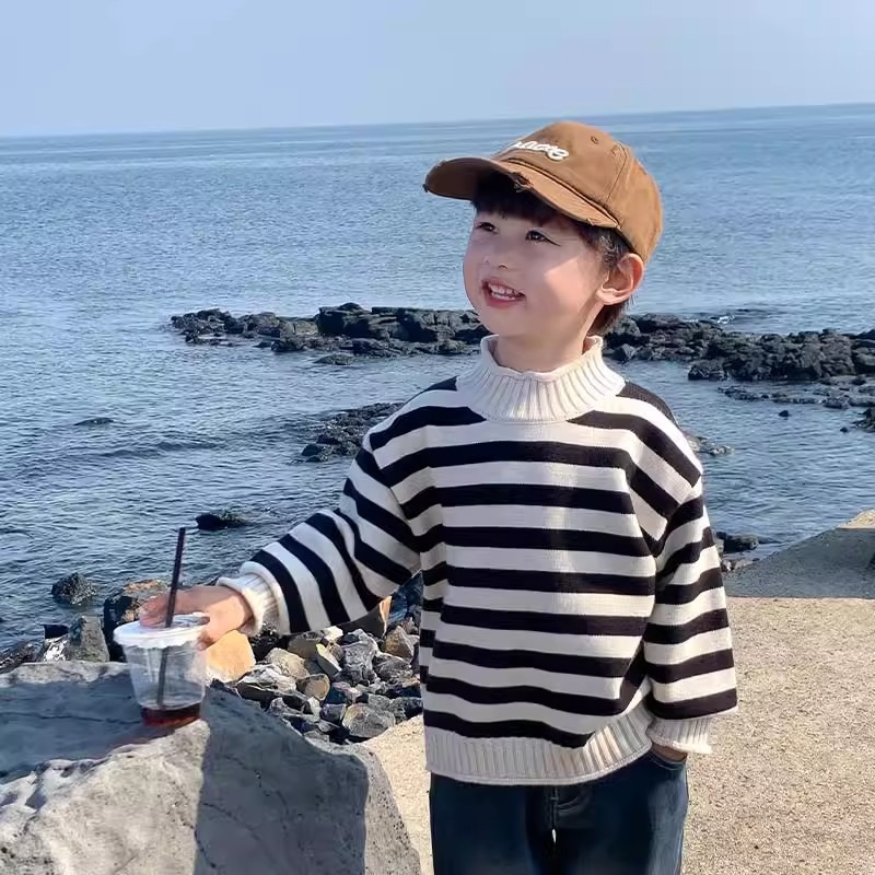 Picture of Girls' Sweater Turtleneck Autumn and Winter Boys' Thickened Striped Inner Wear Children's Baby's Knitted Base fleece-lined Sweater