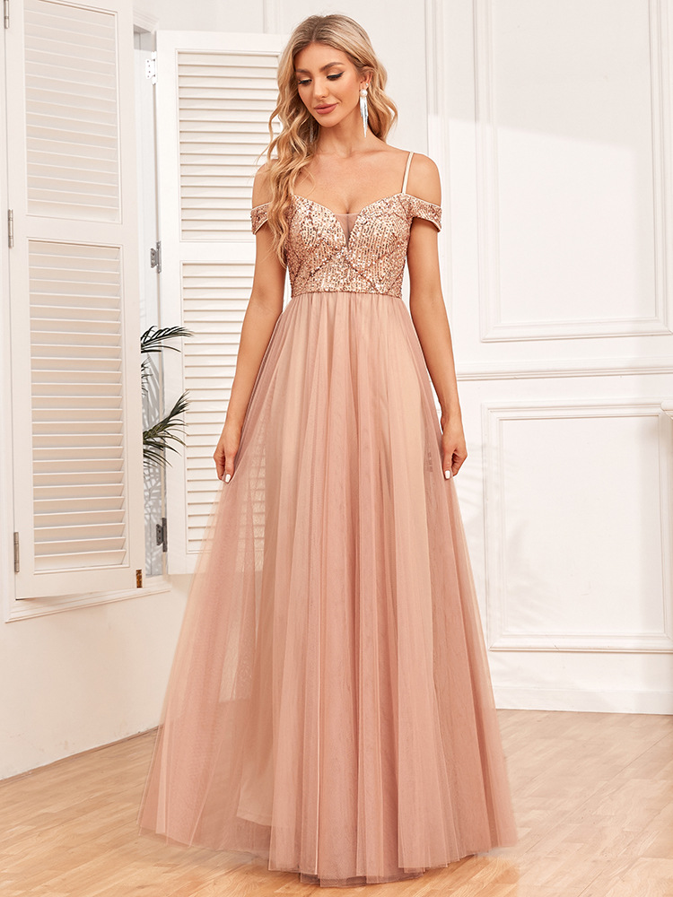 Picture of Cross-border European and American Shoulder Strap Double V-neck Sequin Embroidery Stitching Party Dress Elegant A- pendant Tulle dress