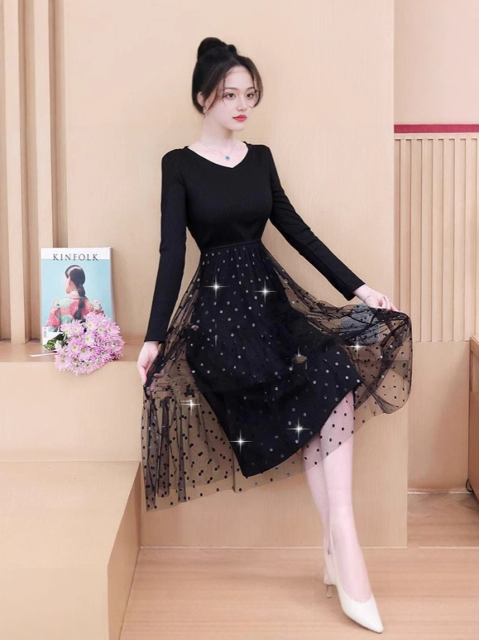 plus size Belly Covering Autumn and Summer New Korean-style Explosions Women's Polar Dot Mesh Long-sleeved Midi dress Slim-fit Base Skirt