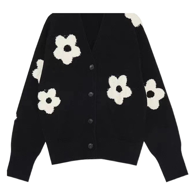 European and American Autumn Clothing New V Neck Stereo Intarsia Lazy Slimming Look Flower Knitwear Cardigan Knitwear Jacket for Women