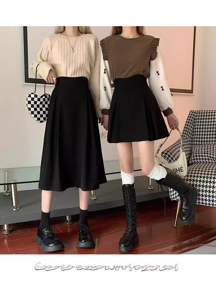 plus size Women's chubby girl Black Skirt Women's Early Autumn High Waist Slim A- Line Short Skirt Dose Midi Hip Skirt